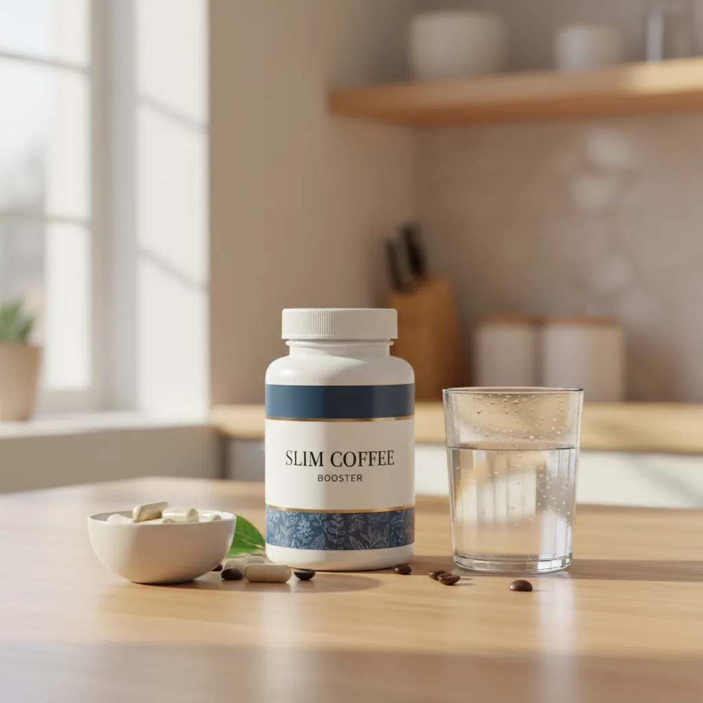 Slim Coffee Booster box beside a steaming coffee cup - daily wellness supplement sachets